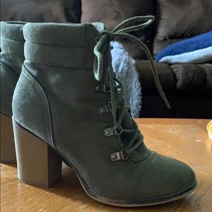green tie up heel booties